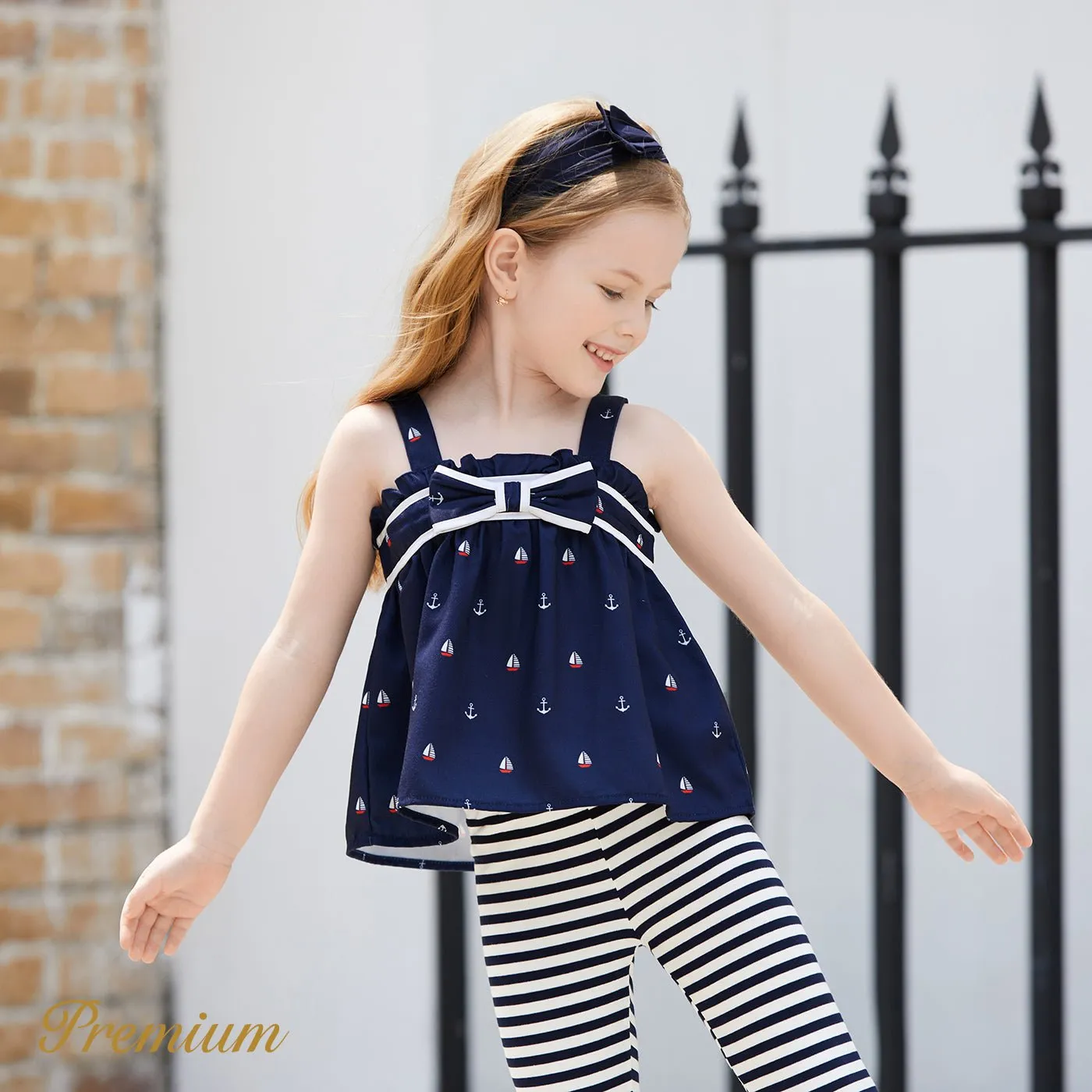 2pcs Baby Girl Anchor Sailboat Print Bow Front Cami Top and Striped Leggings Set