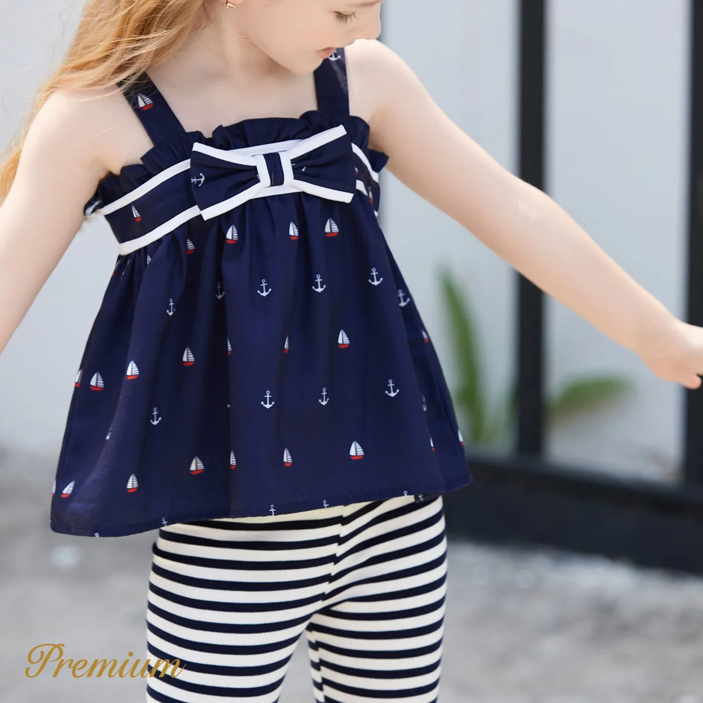 2pcs Baby Girl Anchor Sailboat Print Bow Front Cami Top and Striped Leggings Set