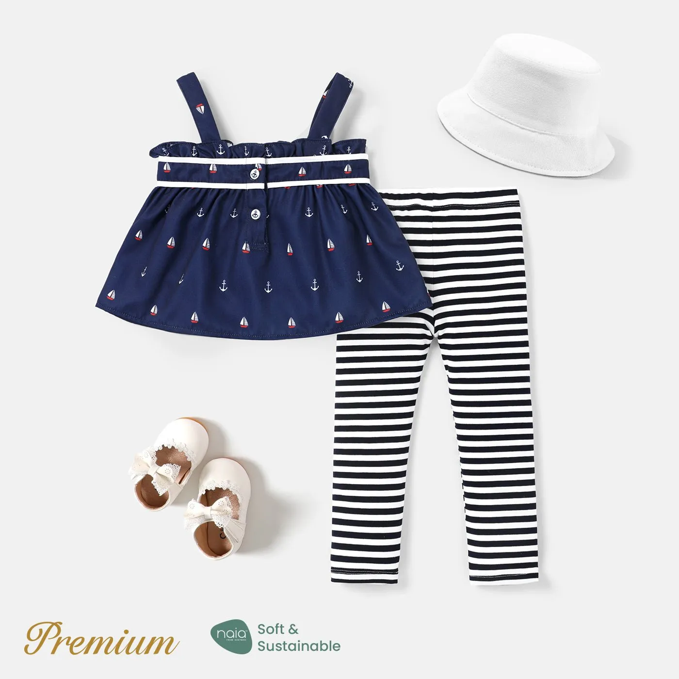 2pcs Baby Girl Anchor Sailboat Print Bow Front Cami Top and Striped Leggings Set