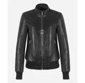 BOMBER Ladies Jacket Black Stand Up Collar Classic Pilot Bomber Jacket