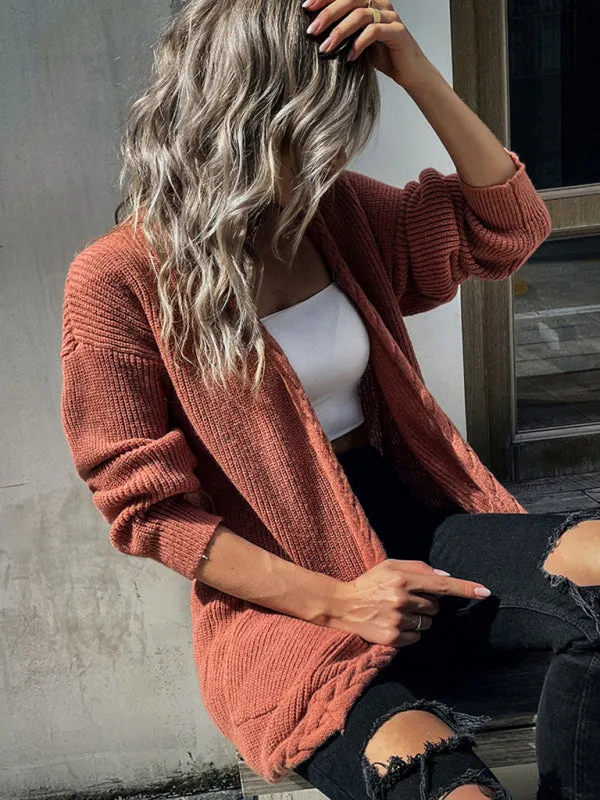 Brielle Loose Long Sleeve Twist Solid Color Sweater Cardigan