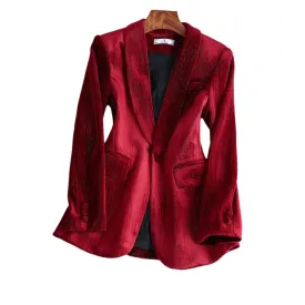 CAROLINE SUITS Women's Elegant Stylish Fashion Office Professional Solid Color Burgundy Red Velvet Blazer Jacket