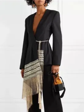 Chic Embroidered Jacquard Blazer with Stylish Tassels for Fashion-Forward Women