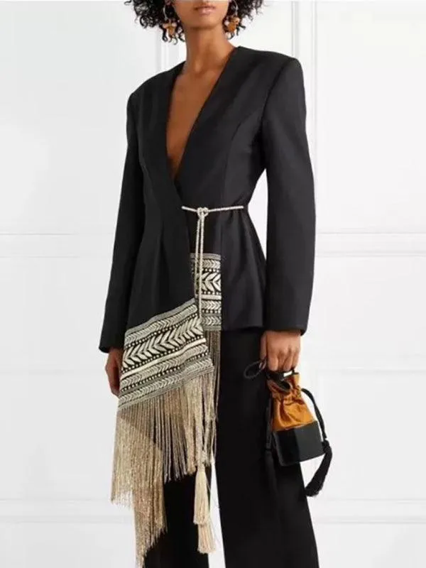 Chic Embroidered Jacquard Blazer with Stylish Tassels for Fashion-Forward Women