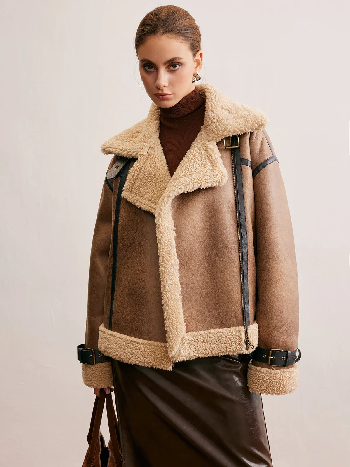 Chicmy-Winter Outfits Christmas Thanksgiving Gift New Year's Eve Outfits Streetwear Fashion Faux Leather Zipper Teddy Coat
