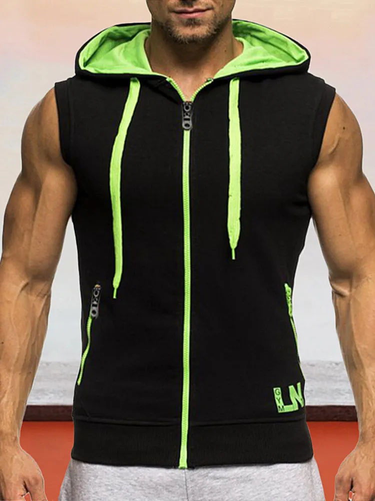 Color Blocking Hooded Zipper Sleeveless Undershirt