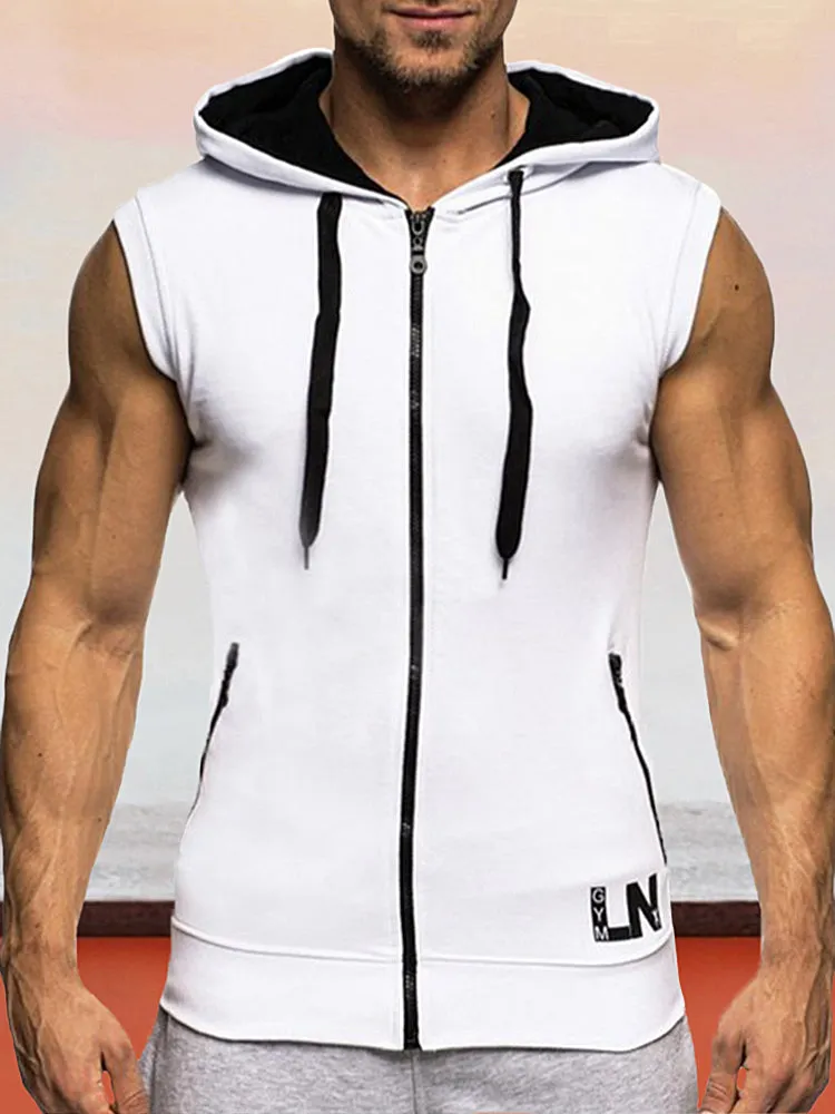 Color Blocking Hooded Zipper Sleeveless Undershirt