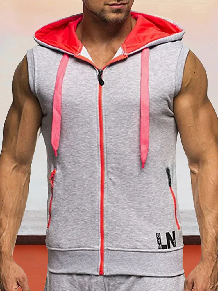 Color Blocking Hooded Zipper Sleeveless Undershirt