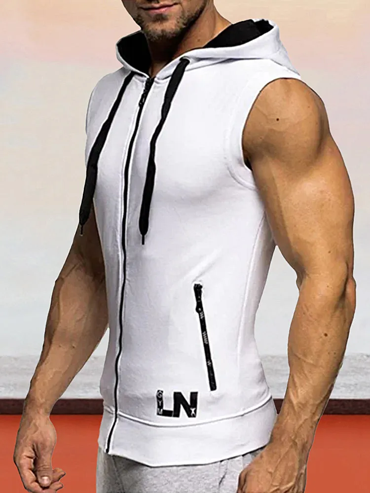 Color Blocking Hooded Zipper Sleeveless Undershirt