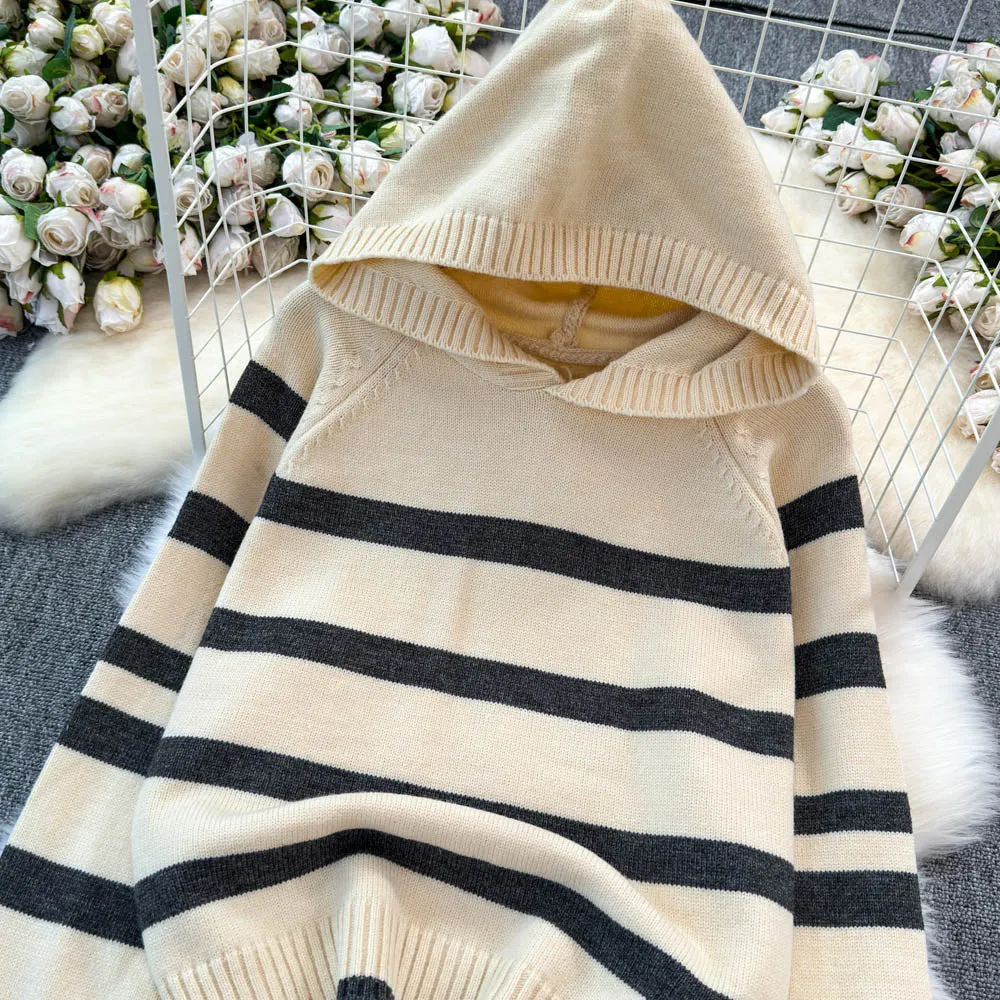 Color Blocking Striped Hooded Sweater