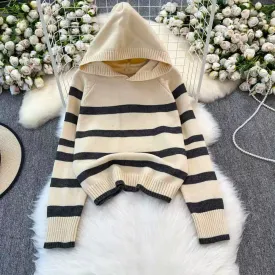 Color Blocking Striped Hooded Sweater