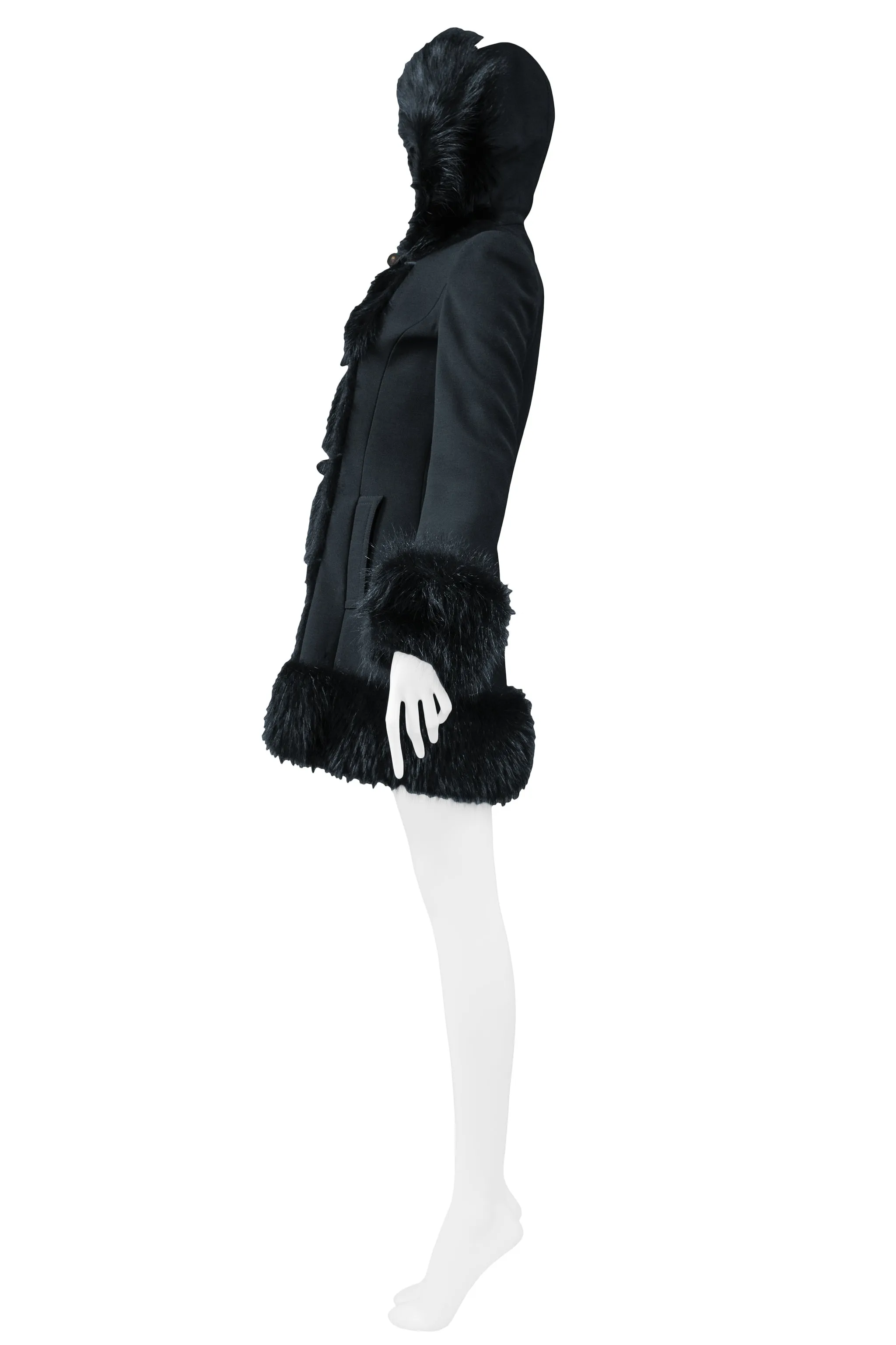 DOLCE BLACK WOOL TOGGLE COAT WITH FUR TRIM HOOD