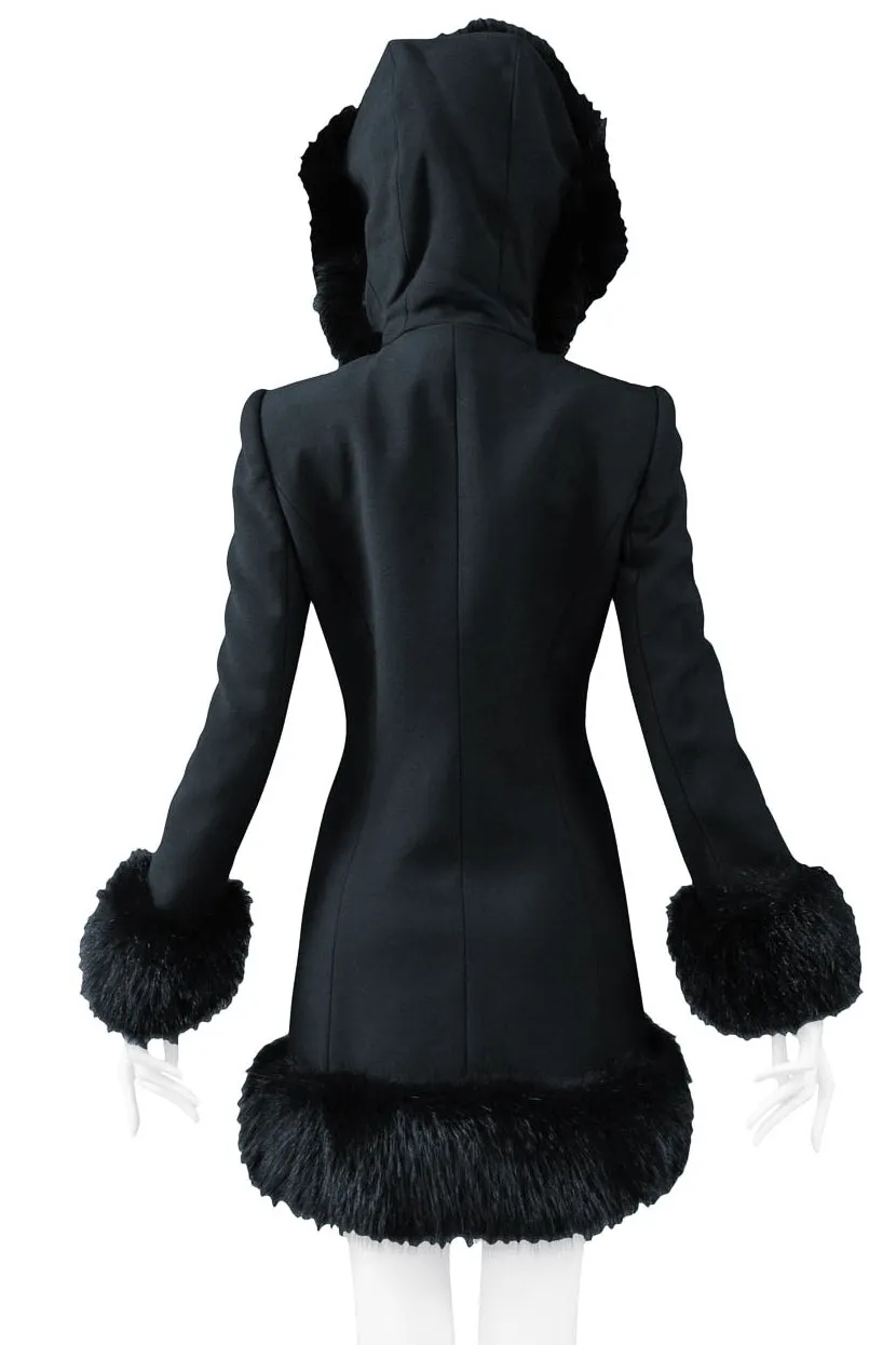 DOLCE BLACK WOOL TOGGLE COAT WITH FUR TRIM HOOD