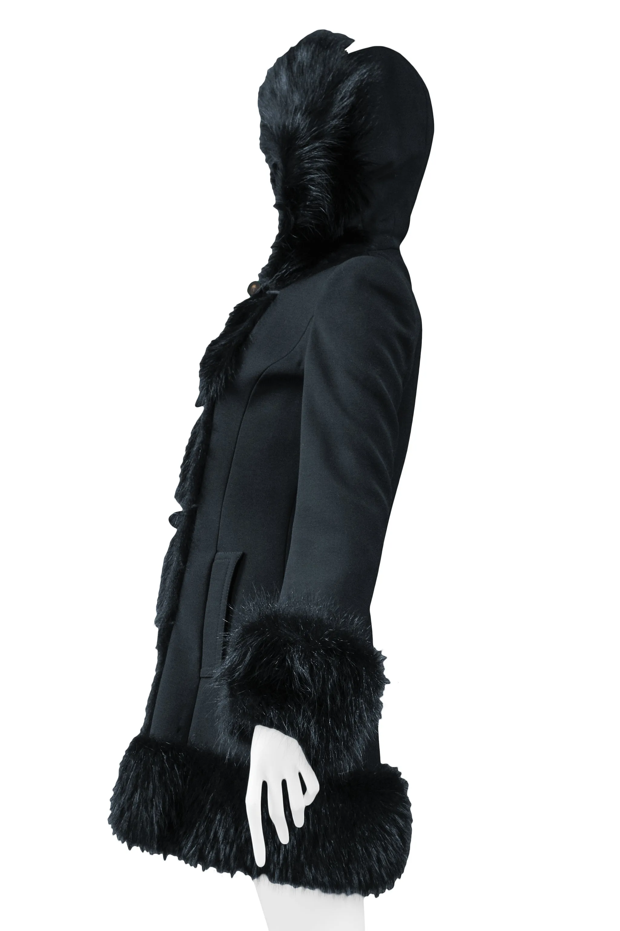 DOLCE BLACK WOOL TOGGLE COAT WITH FUR TRIM HOOD