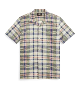 Double RL - Short Sleeve Cotton Seersucker Madras Aloha Camp Shirt in Green/Cream/Multi