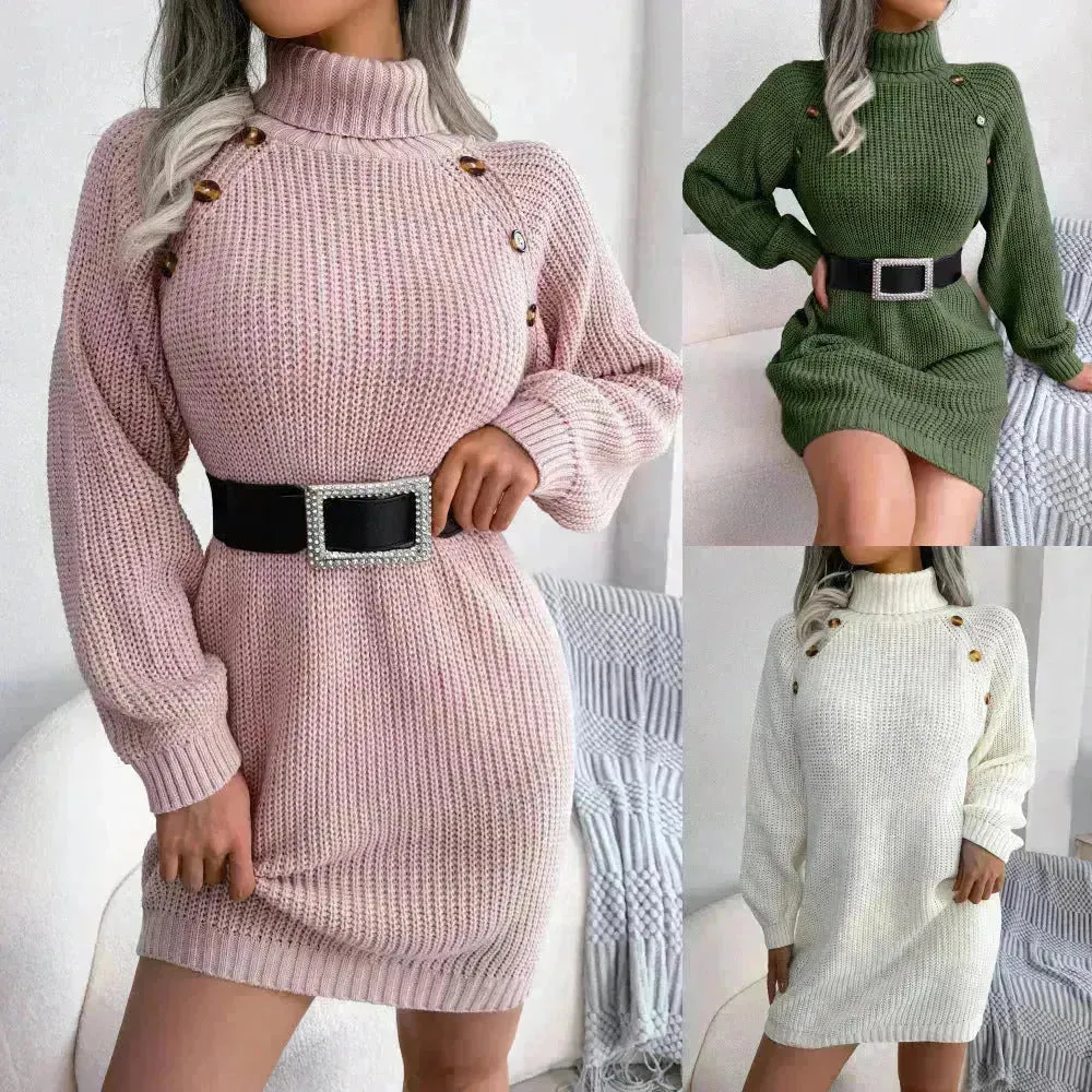 Elegant Autumn Winter Mini Turtleneck Sweater Dress