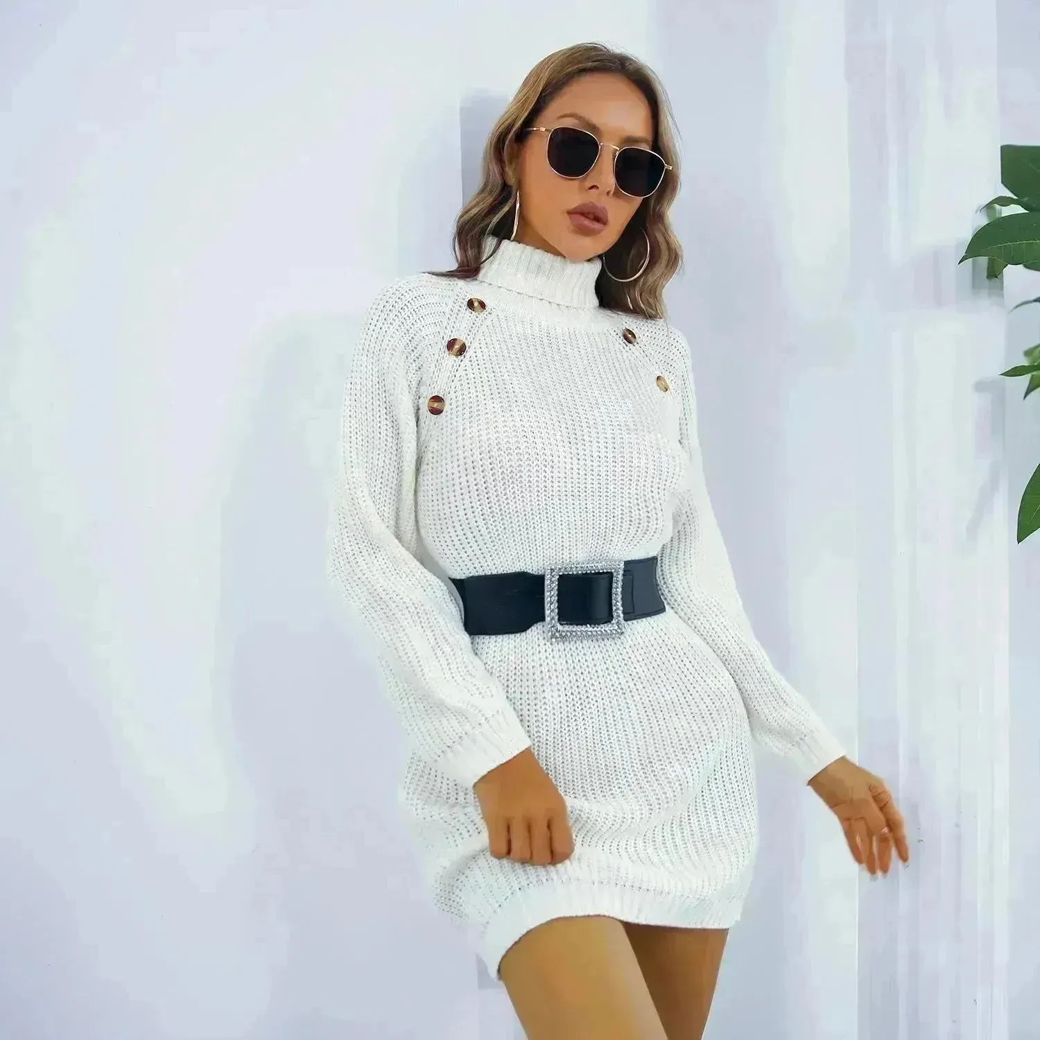 Elegant Autumn Winter Mini Turtleneck Sweater Dress