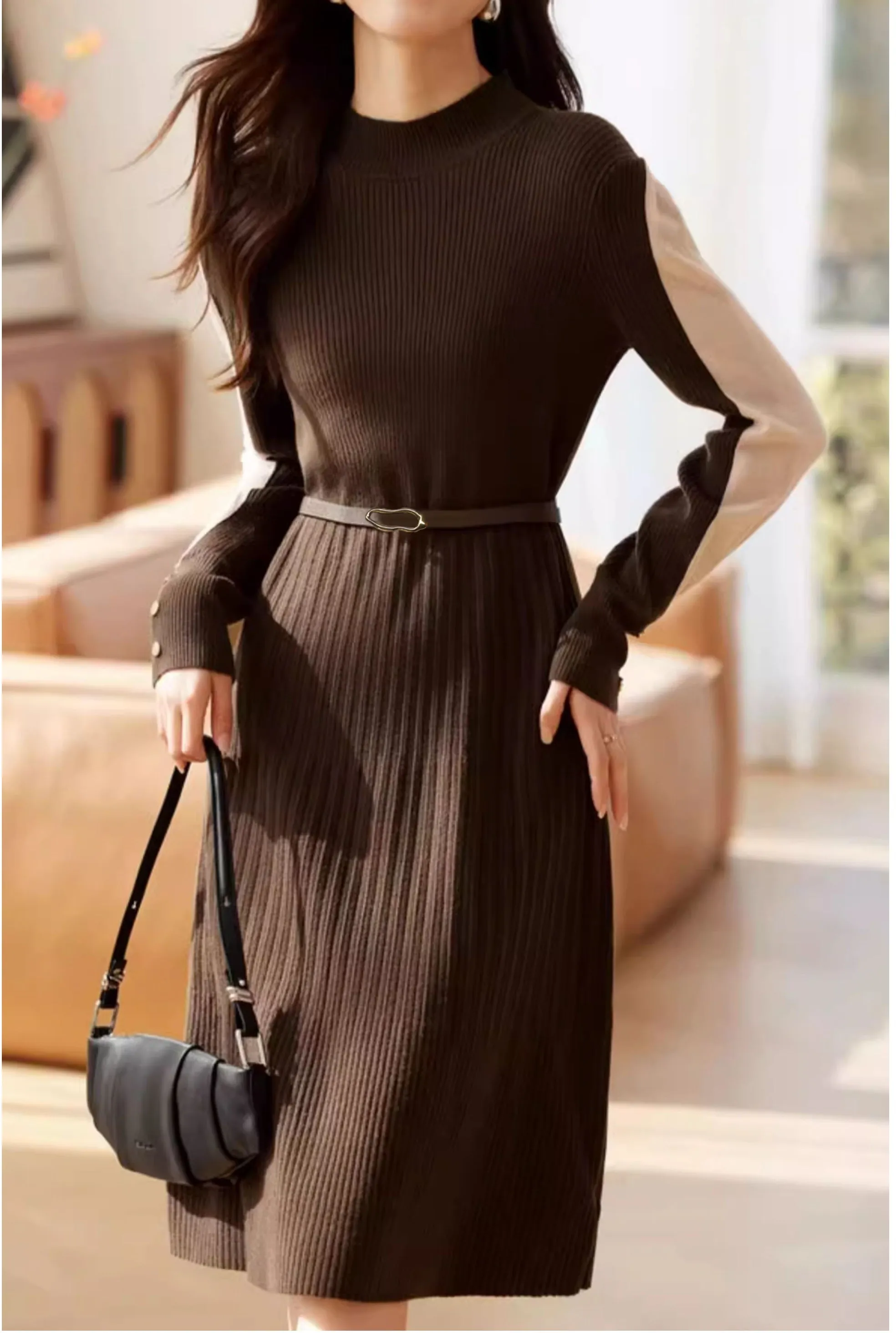 Elegant Contrast Color Panel Knit Dress