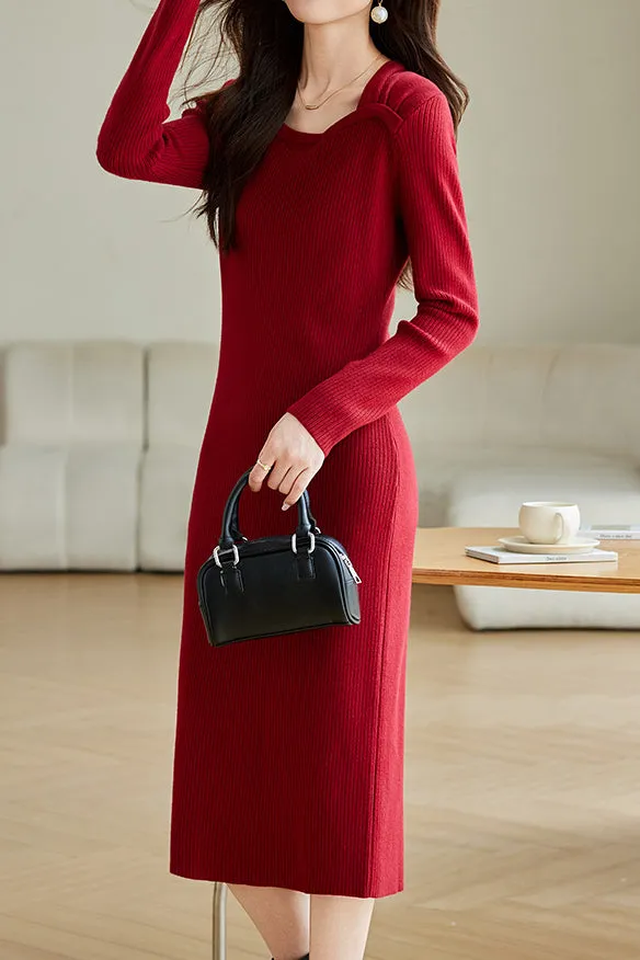 Elegant Square Neck Knit Dress