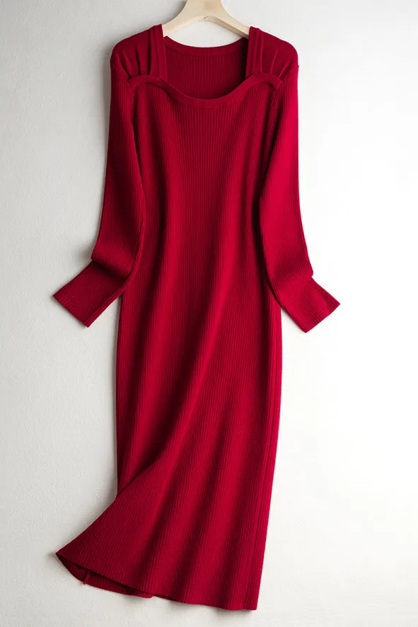 Elegant Square Neck Knit Dress