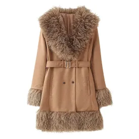 Faux Fur Trim Belted 3/4 Length Coat