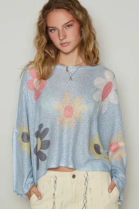 Flower Dropped Shoulder Long Sleeve Knit Sweater