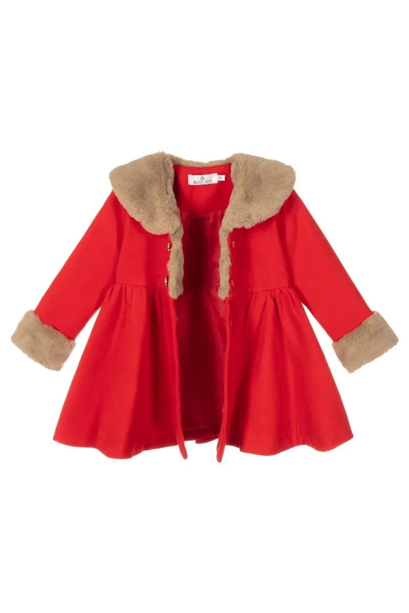Girls Fur Midi Dress Coat 2 Piece Set - Red