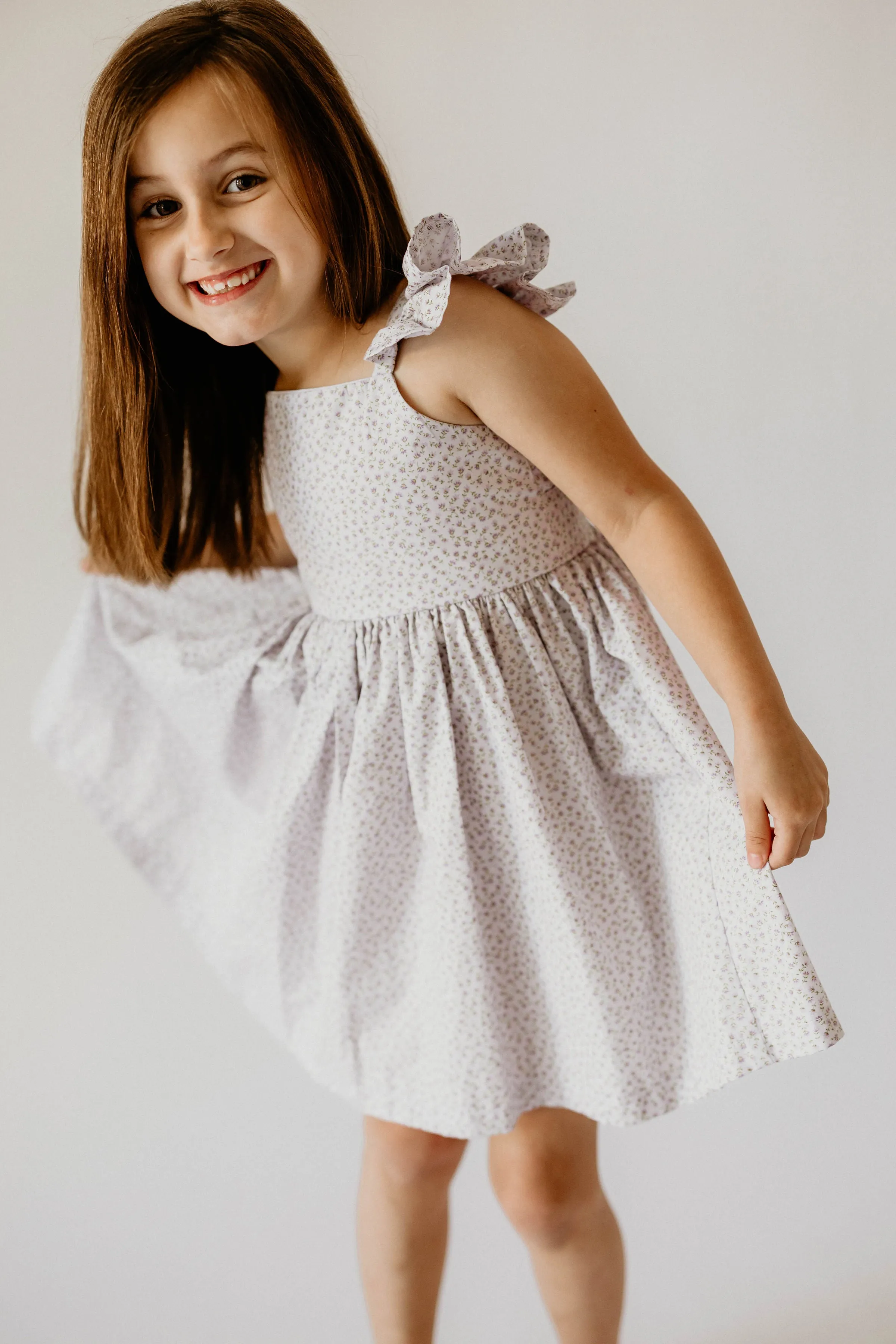 Girl's Lavender Ditsy Floral Print Cotton Flutter Sleeve Dress