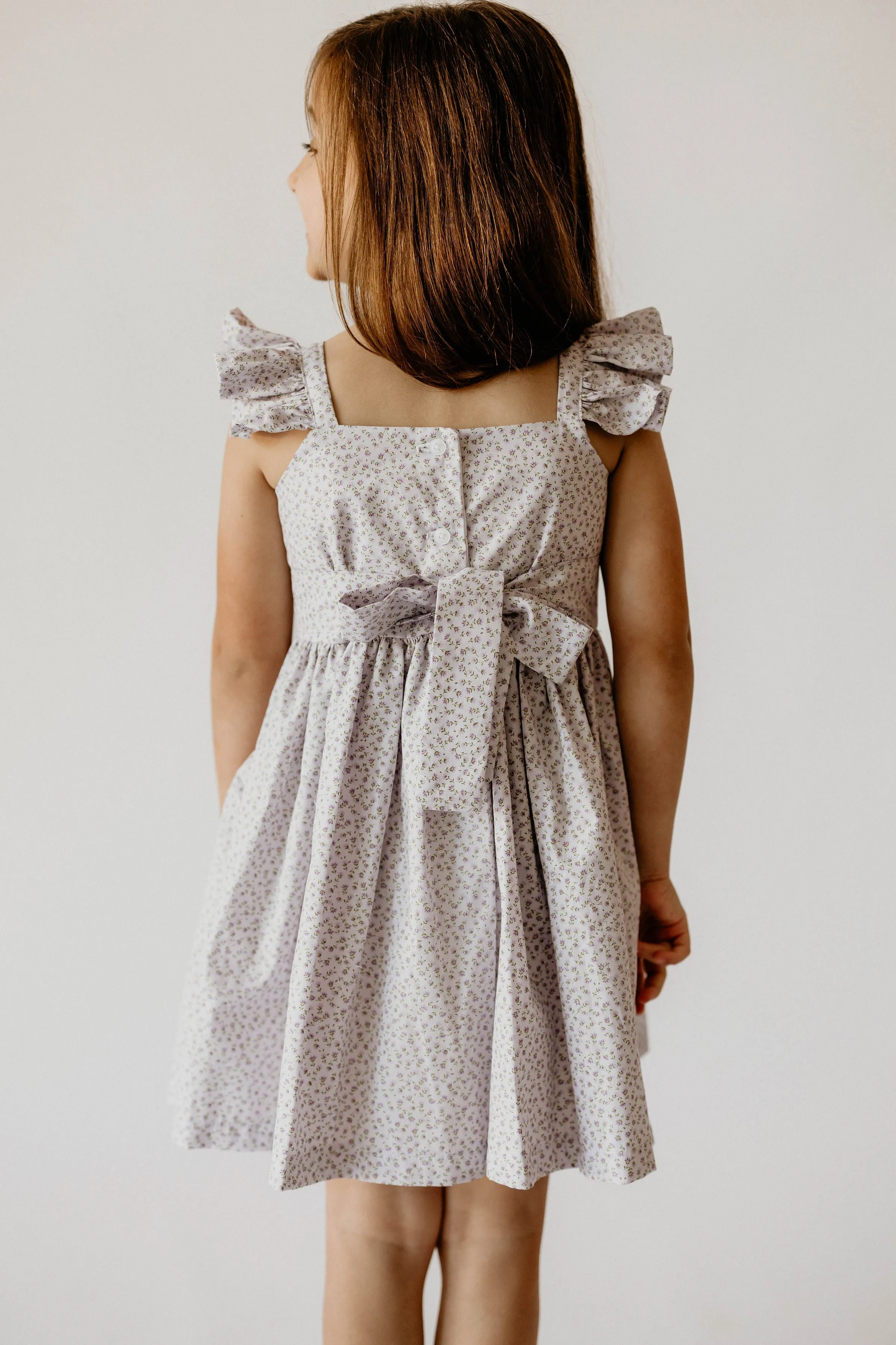 Girl's Lavender Ditsy Floral Print Cotton Flutter Sleeve Dress