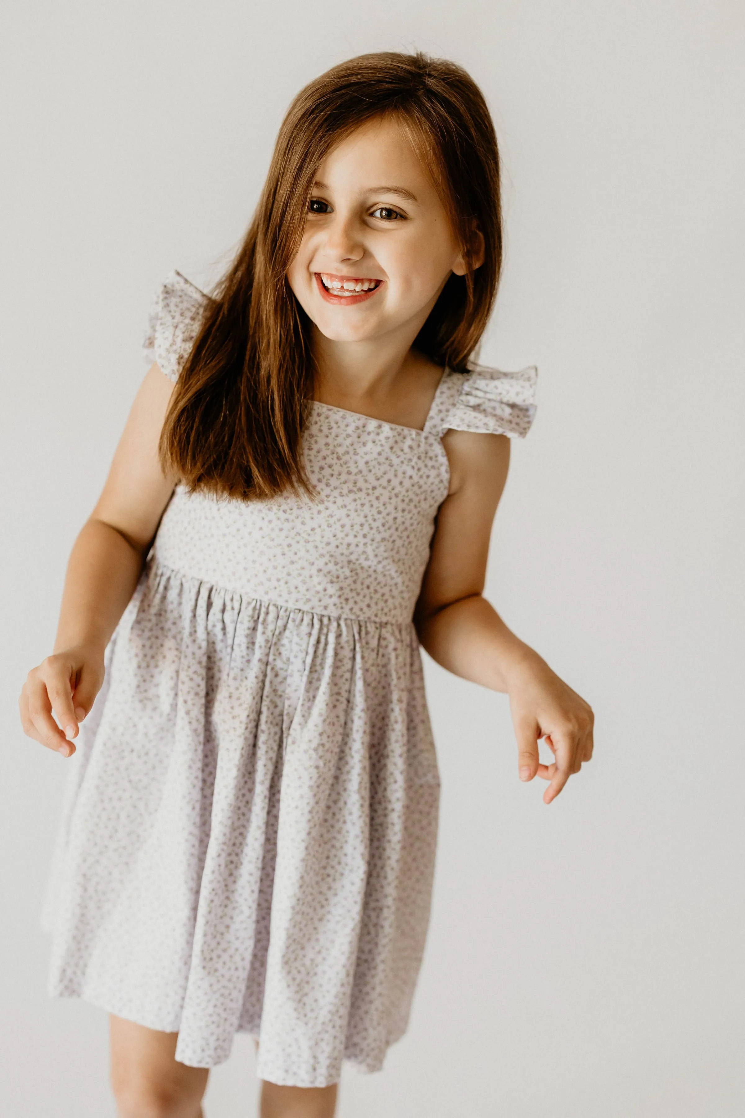 Girl's Lavender Ditsy Floral Print Cotton Flutter Sleeve Dress