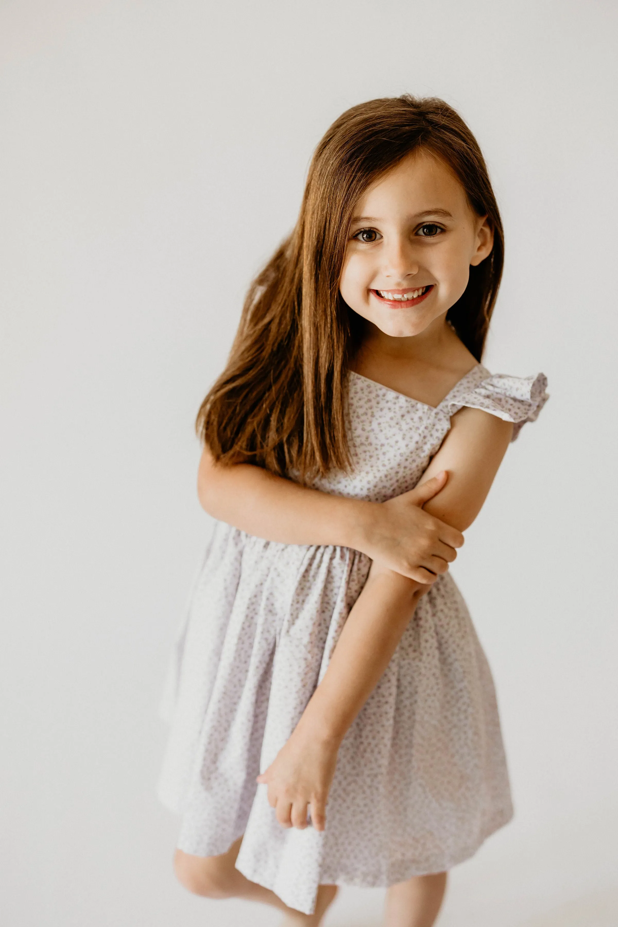 Girl's Lavender Ditsy Floral Print Cotton Flutter Sleeve Dress