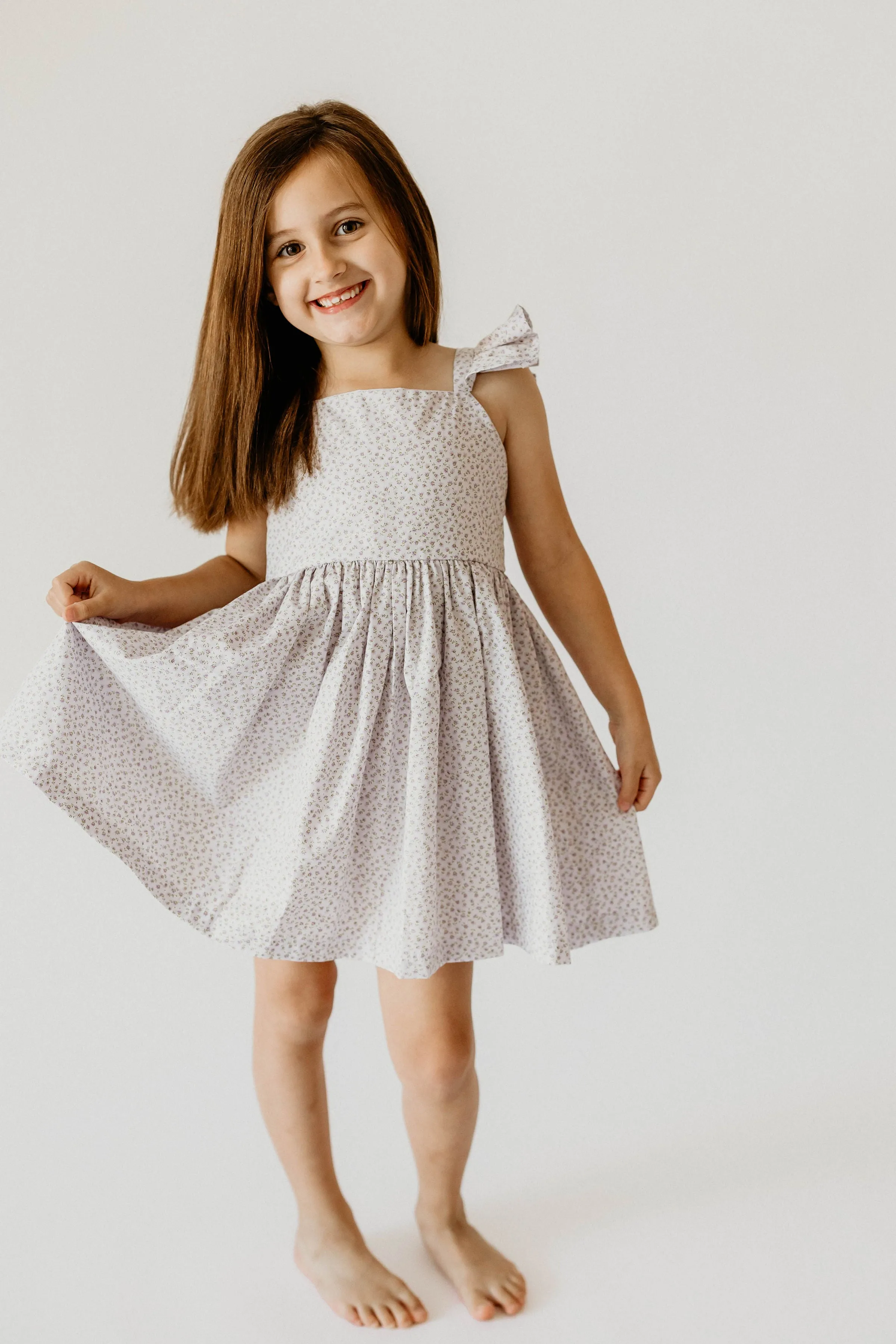 Girl's Lavender Ditsy Floral Print Cotton Flutter Sleeve Dress