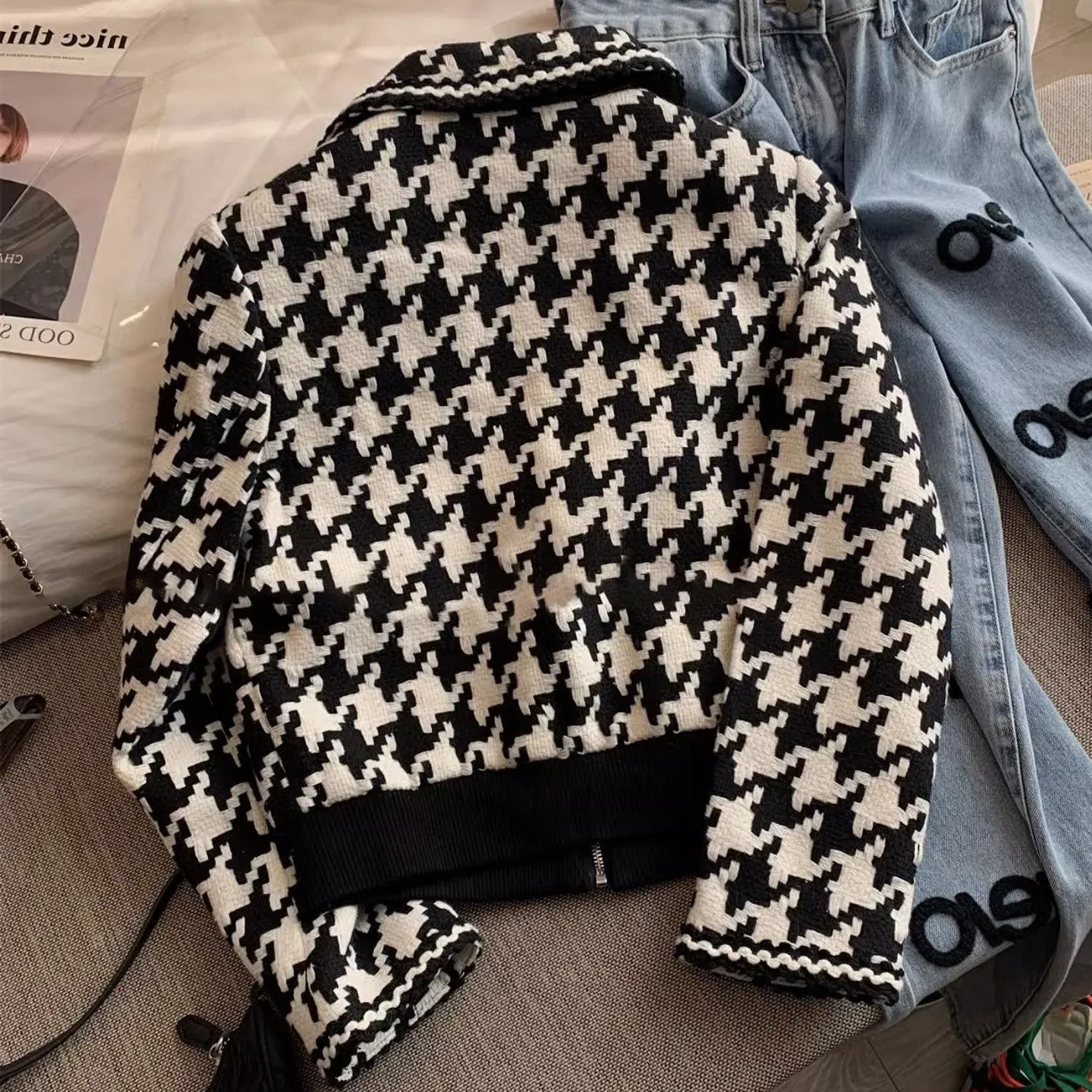 Houndstooth Lapeled Color Blocking Jacket