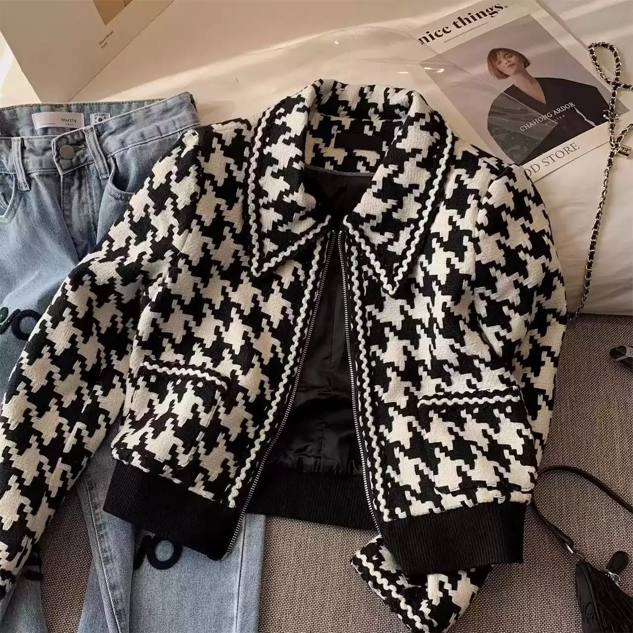 Houndstooth Lapeled Color Blocking Jacket