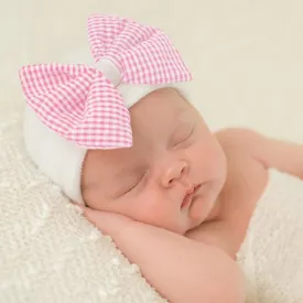 ilybean Seersucker CHECK Pink and White Bow Newborn Girl Hospital Hat Newborn Girl Hat