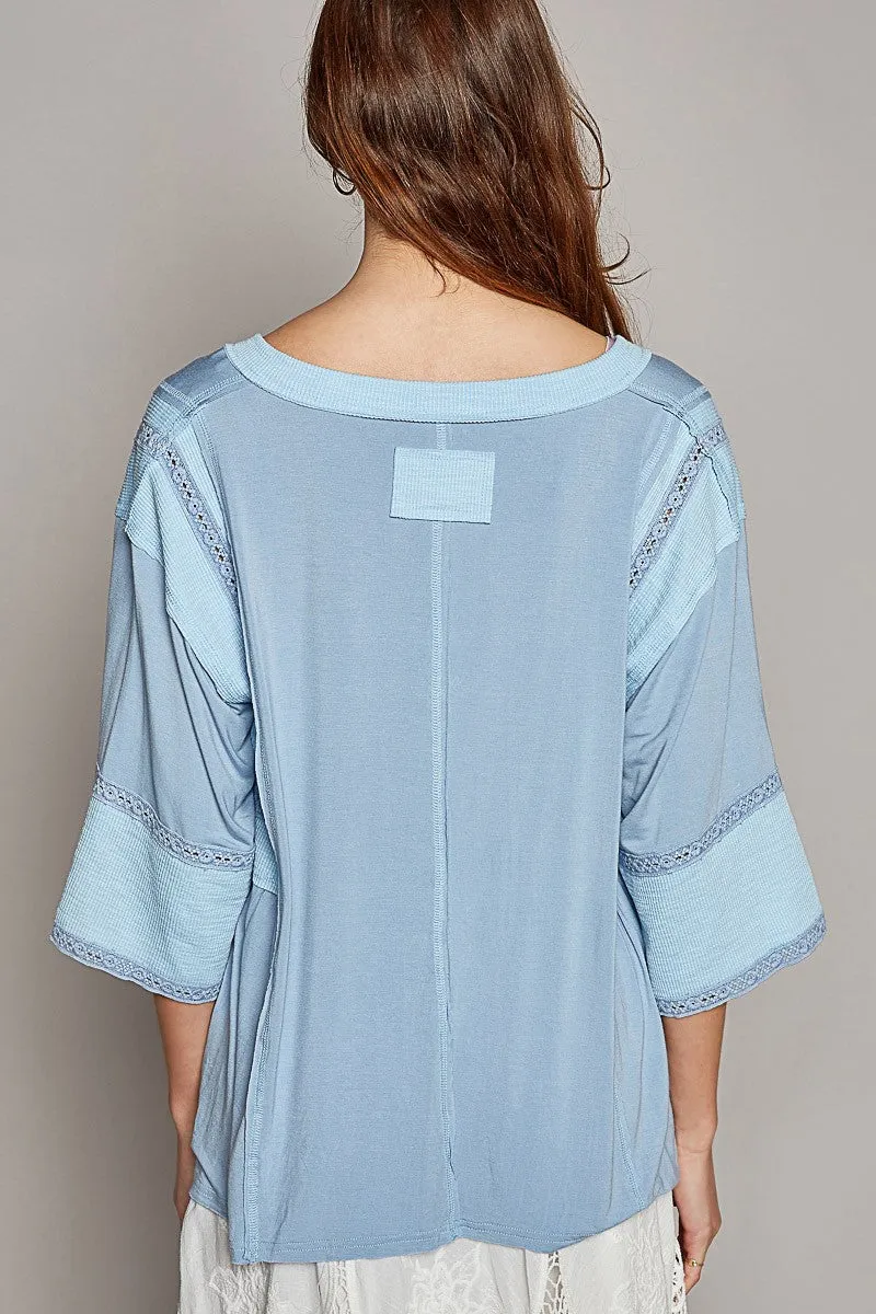 Lace Trim Solid Knit Top