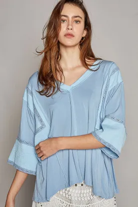 Lace Trim Solid Knit Top