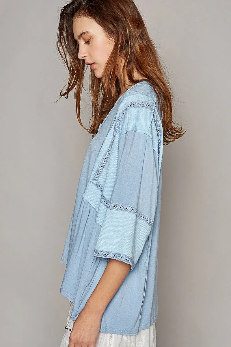 Lace Trim Solid Knit Top