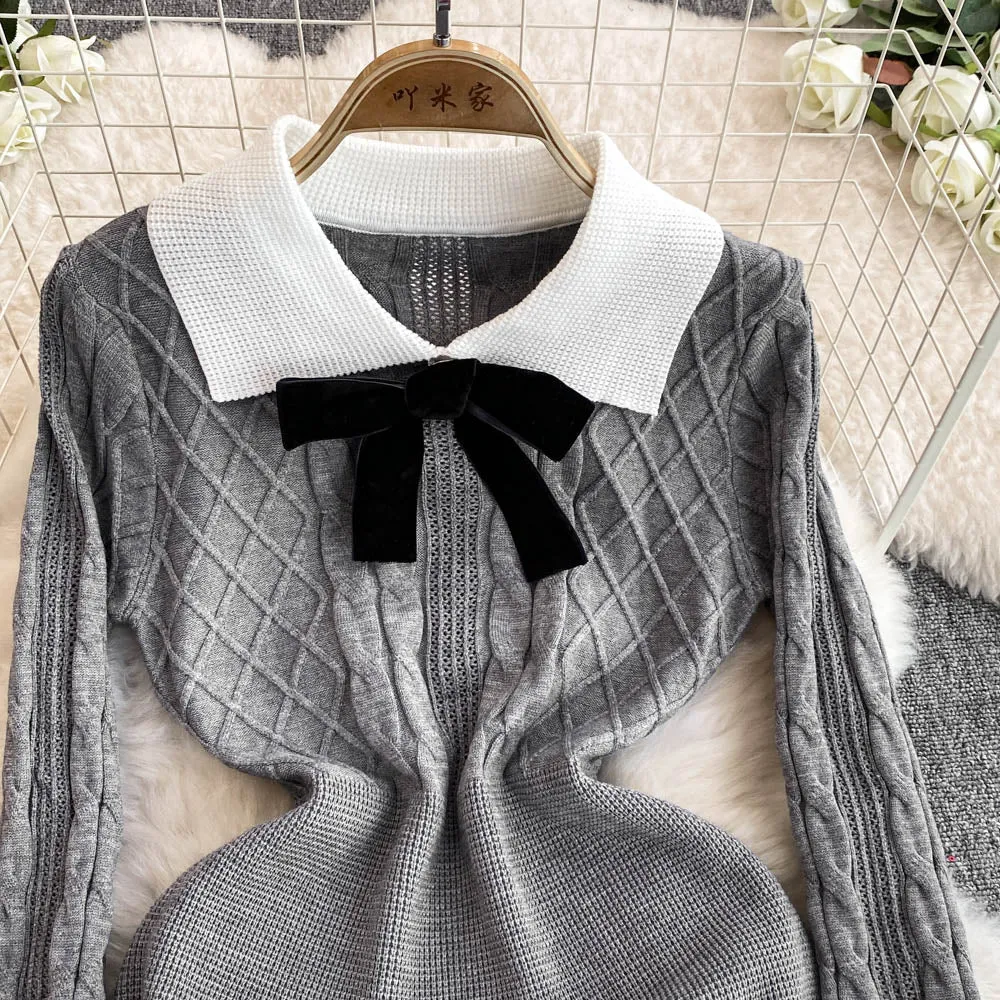 Lapeled Color-blocking Knitted Dress