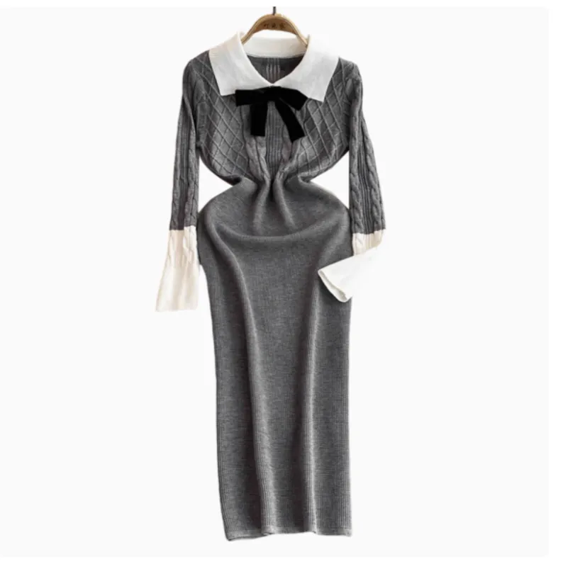 Lapeled Color-blocking Knitted Dress
