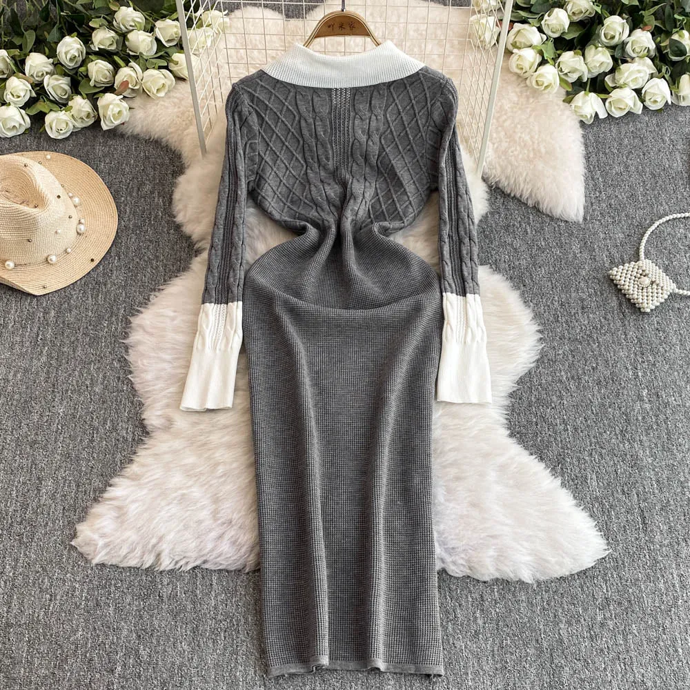 Lapeled Color-blocking Knitted Dress