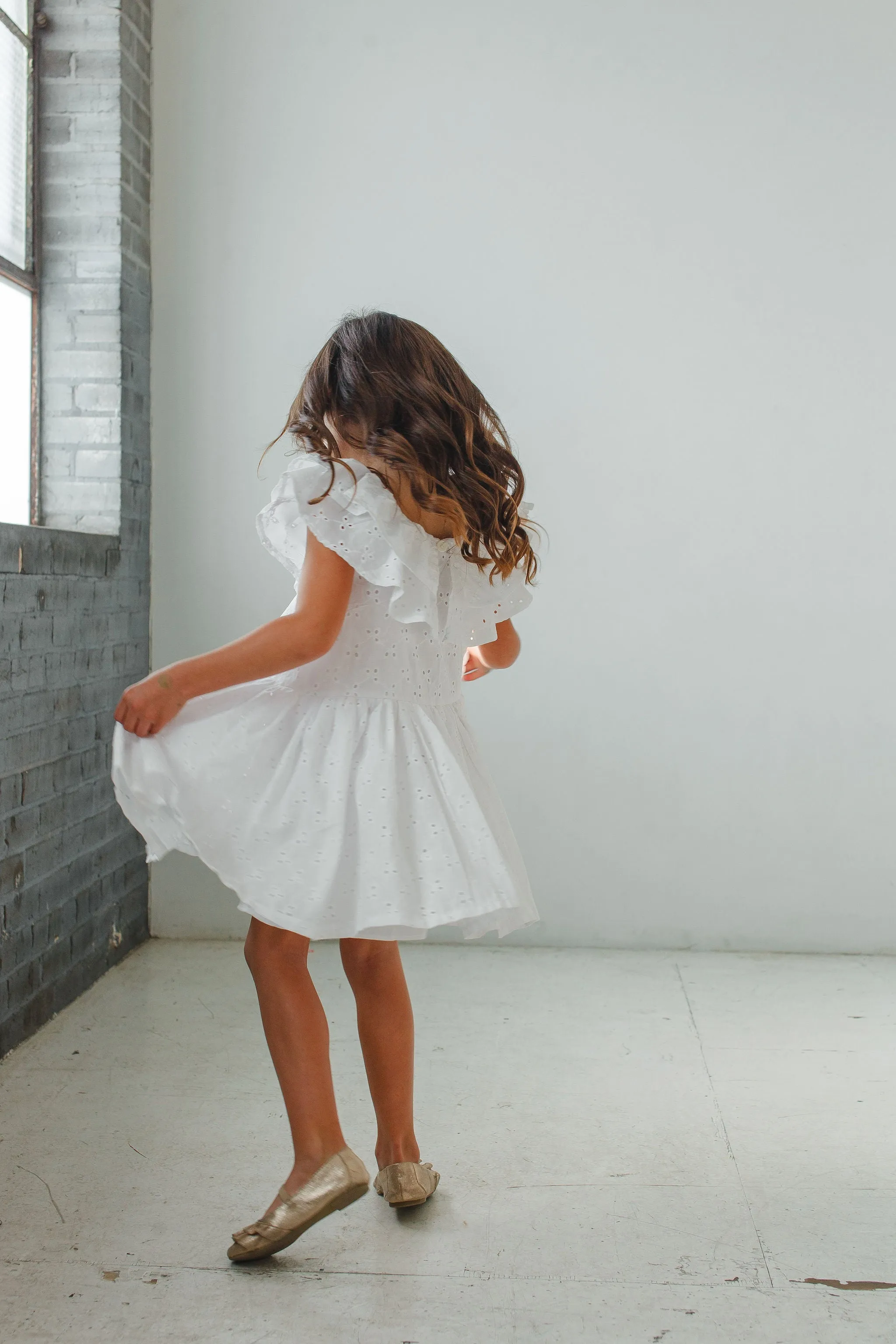 Little Girl's White Eyelet Ruffle Collar Dress