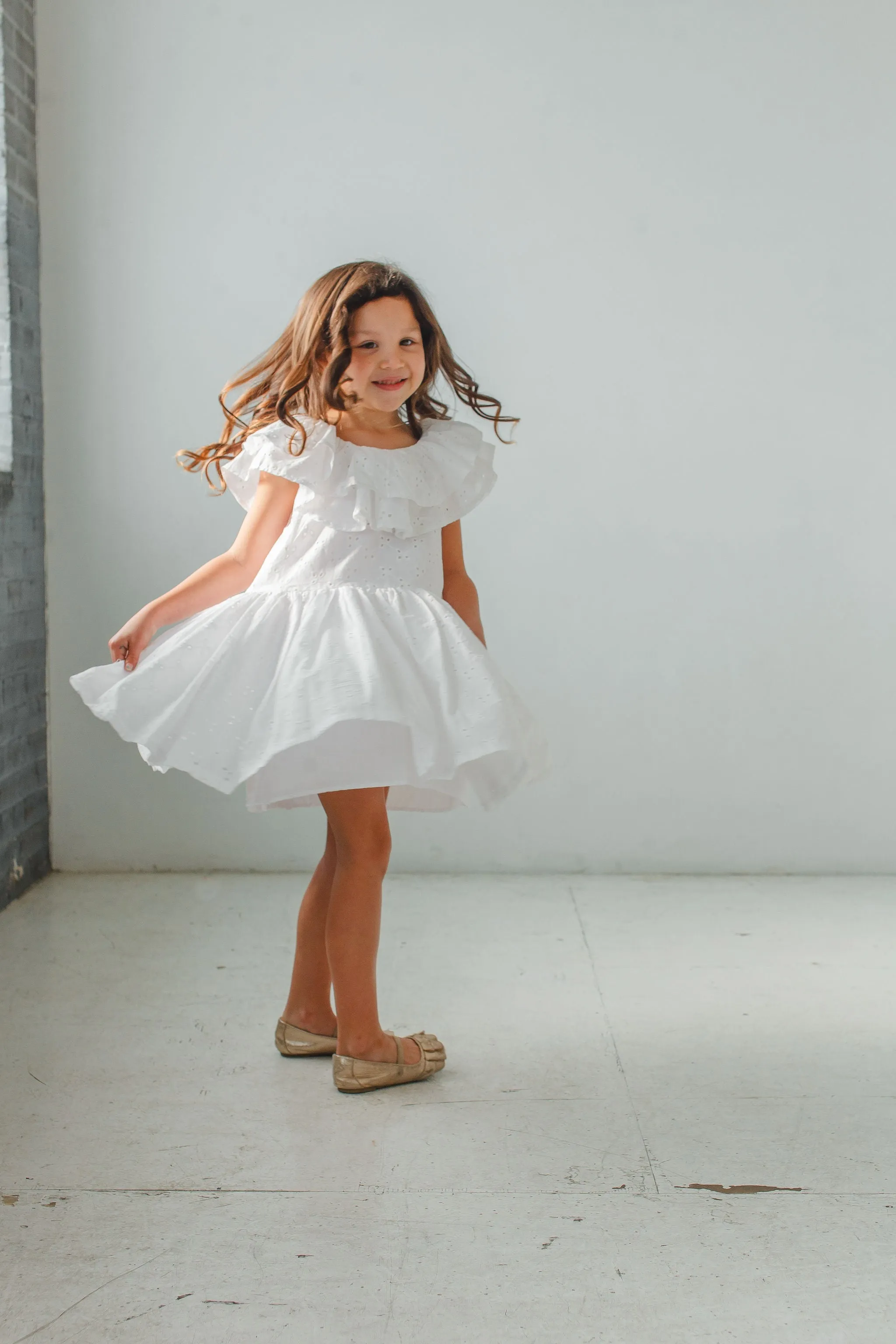 Little Girl's White Eyelet Ruffle Collar Dress