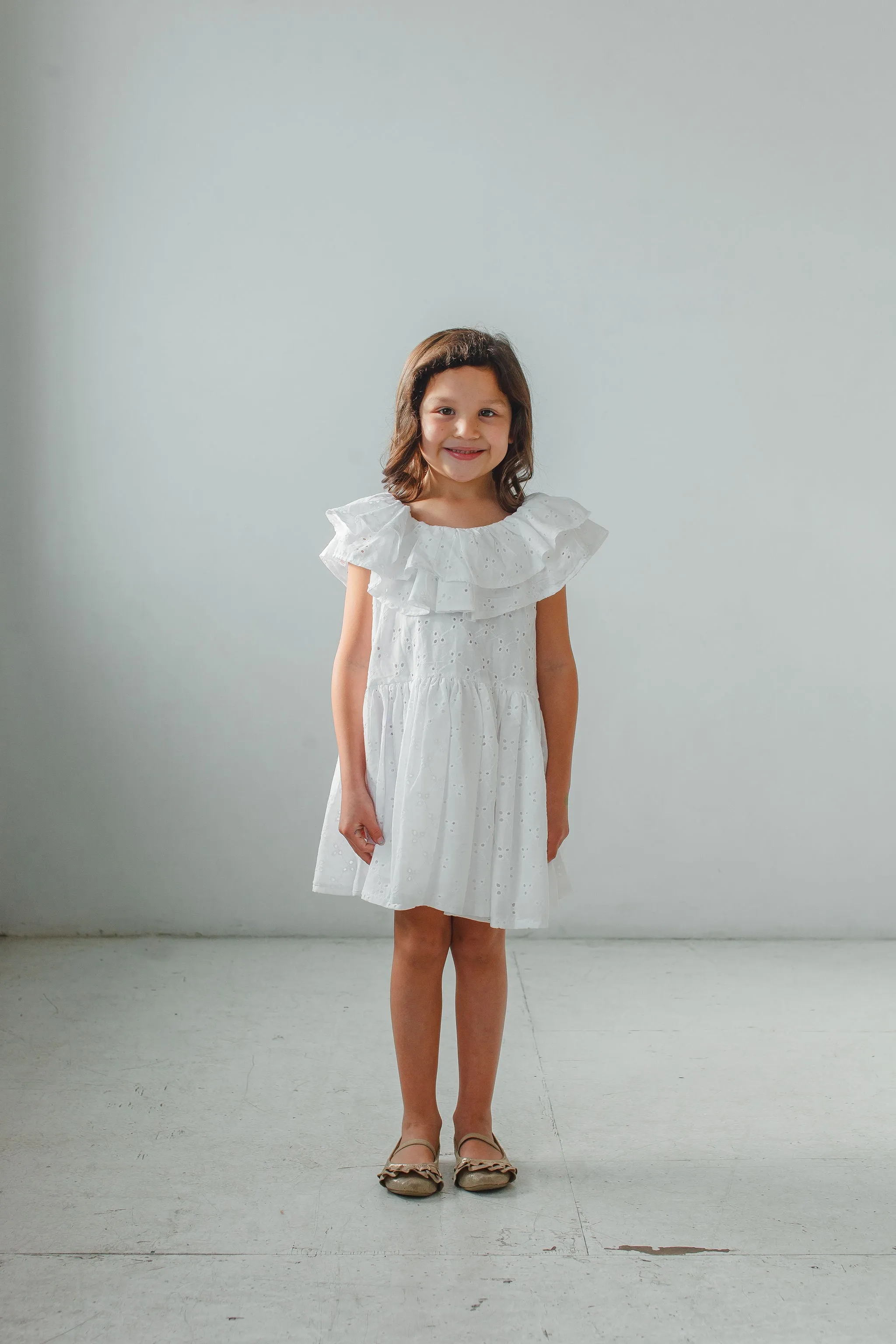 Little Girl's White Eyelet Ruffle Collar Dress