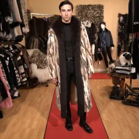 Men’s Long Coat Beige Mink with Fox Trim