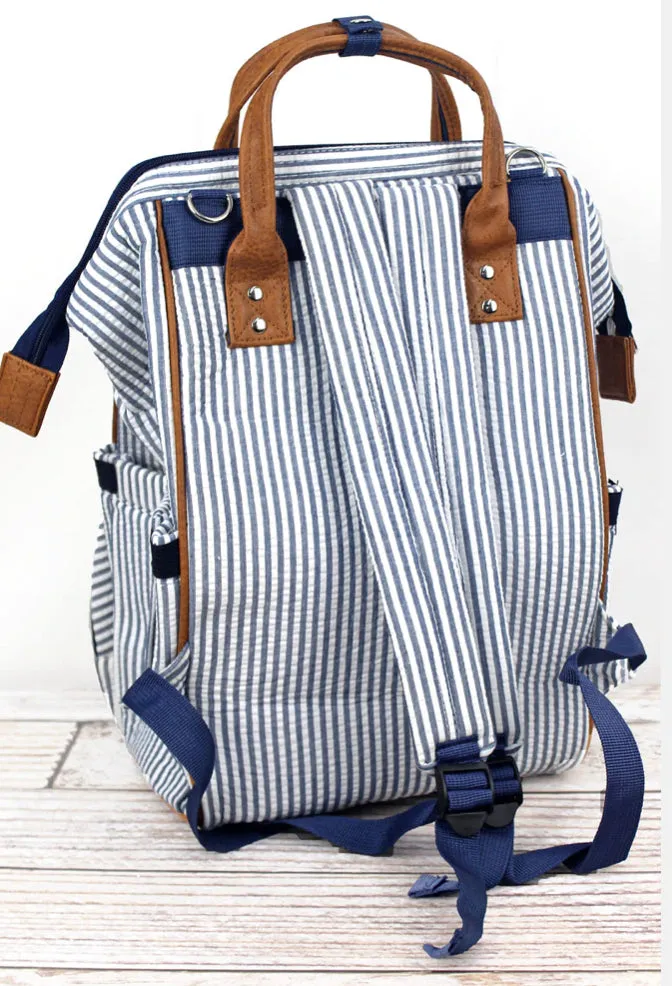 Navy Seersucker Diaper Bag Backpack (High Quality Canvas NGIL Brand)