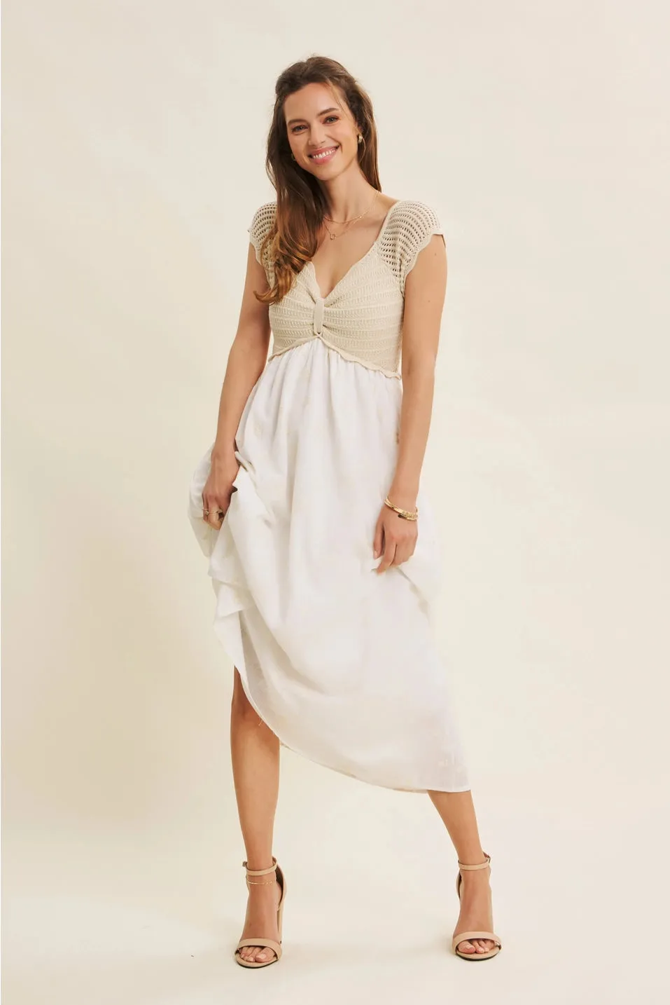 NB Crochet  with Floral Embroidery Midi Dress