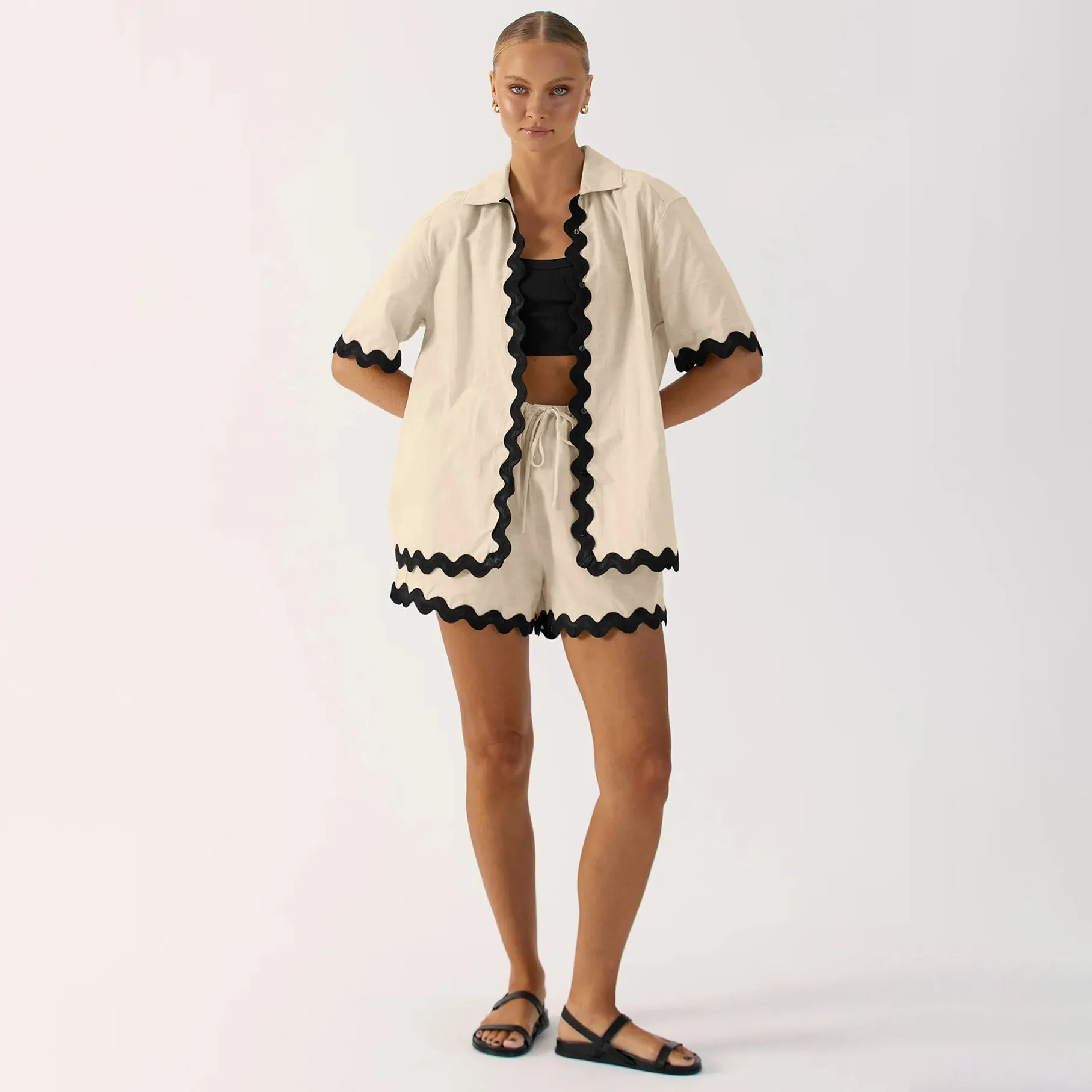 Niche Cardigan&Shorts Color Blocking 2Pcs