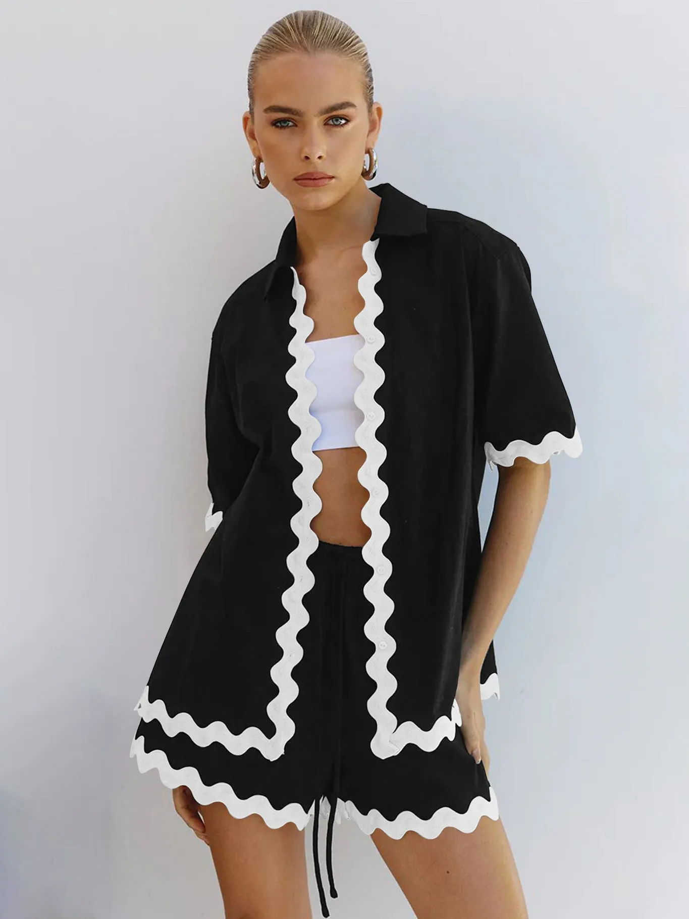 Niche Cardigan&Shorts Color Blocking 2Pcs
