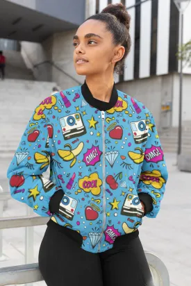 OMG Blue Pop Art All-Over Print Bomber Jacket - Trendy Outerwear for All